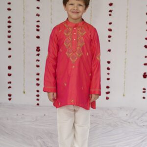 Boys silk jaali boota kurta pink