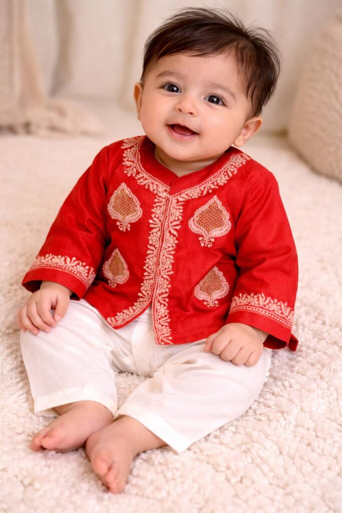 Newborn noor boota chanderi set red